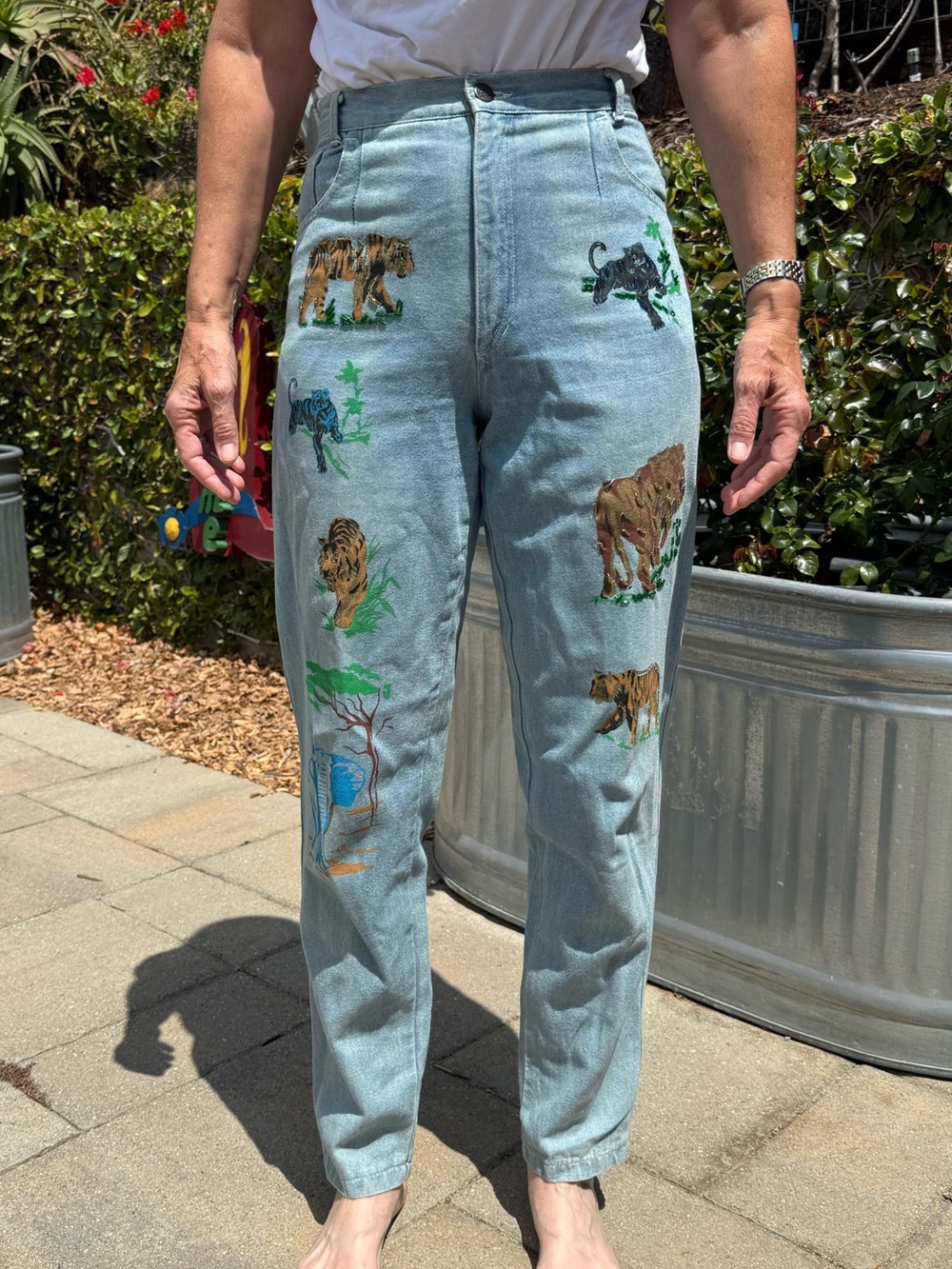 Vintage 80s Giorgio Bagioli hand painted jungle print straight leg jeans